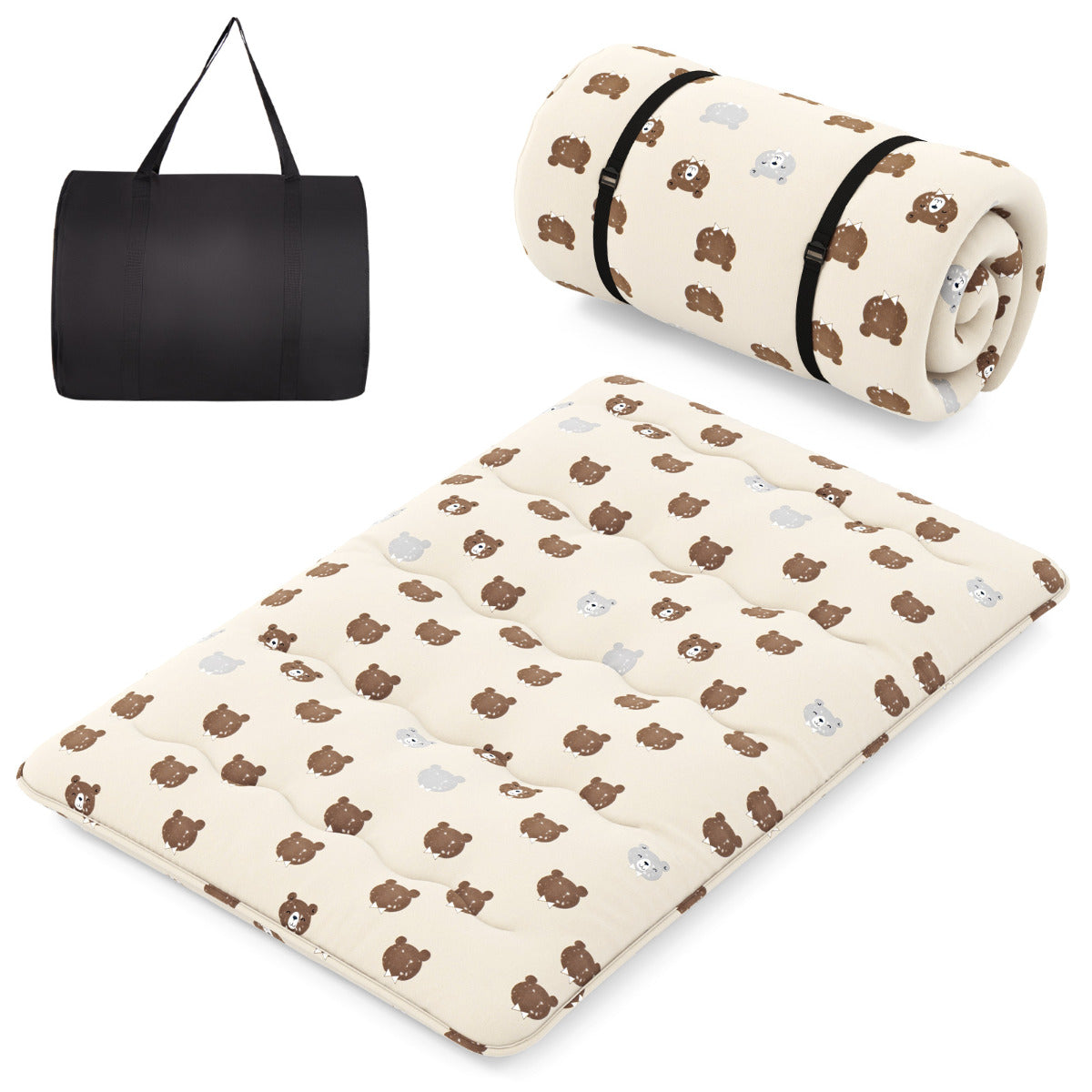Colchão Enrolável de Chão Tatami com Capa Lavável Mat Portátil com Bolsa de Transporte - Castanho - 200 x 140 x 10cm