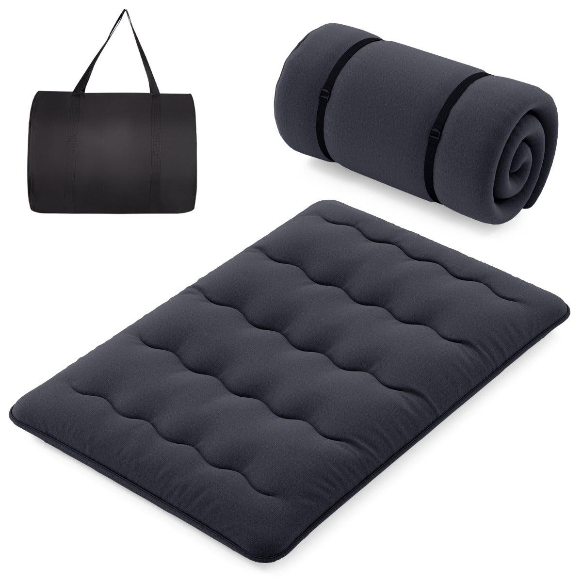 Colchão Enrolável de Chão Tatami com Capa Lavável Colchonete Portátil com Bolsa de Transporte - Preto - 200 x 140 x 10 cm