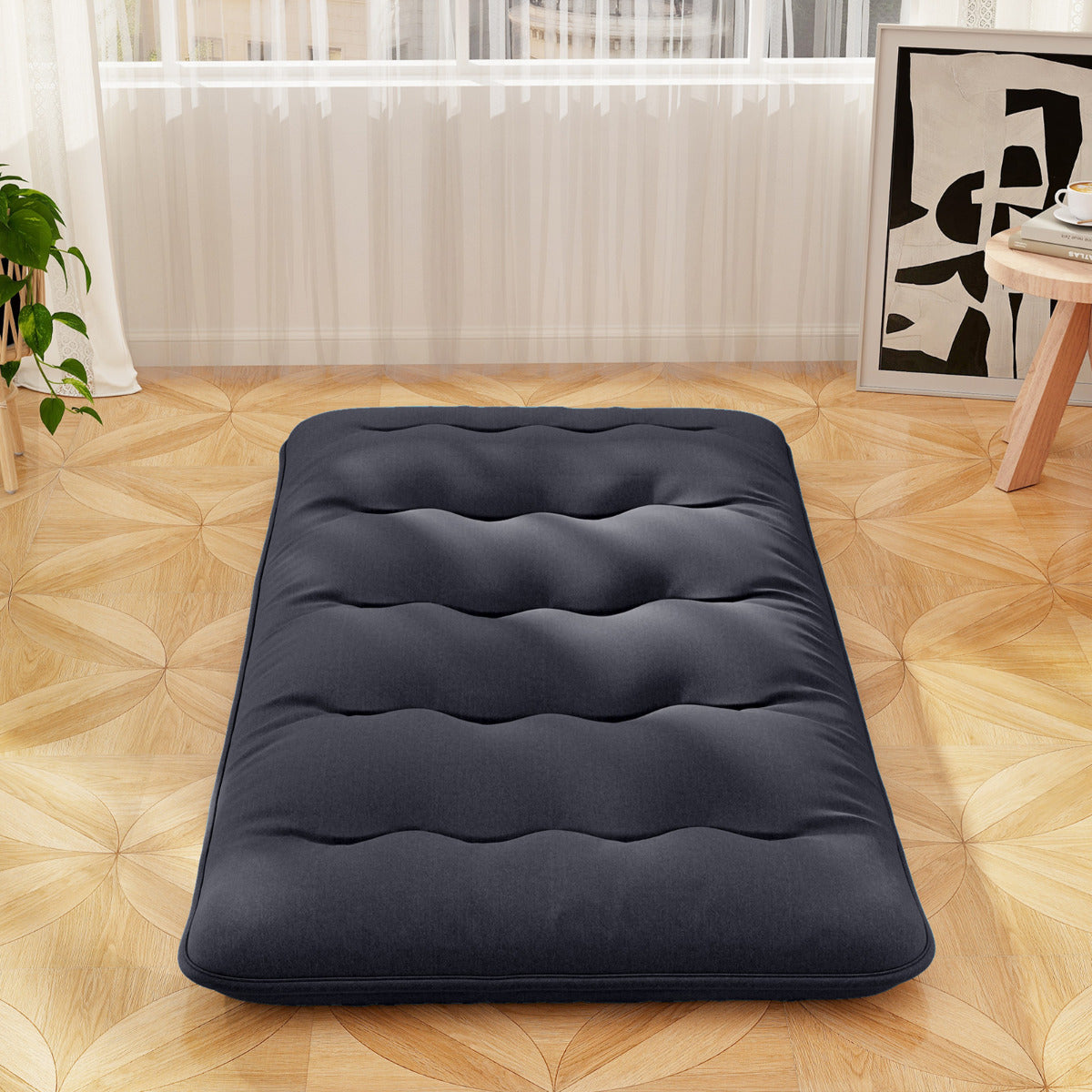 Colchão Enrolável para o Chão Tapete de Tatami com Capa Lavável Colchonete Portátil com Bolsa de Transporte - Preto - 200 x 90 x 10 cm