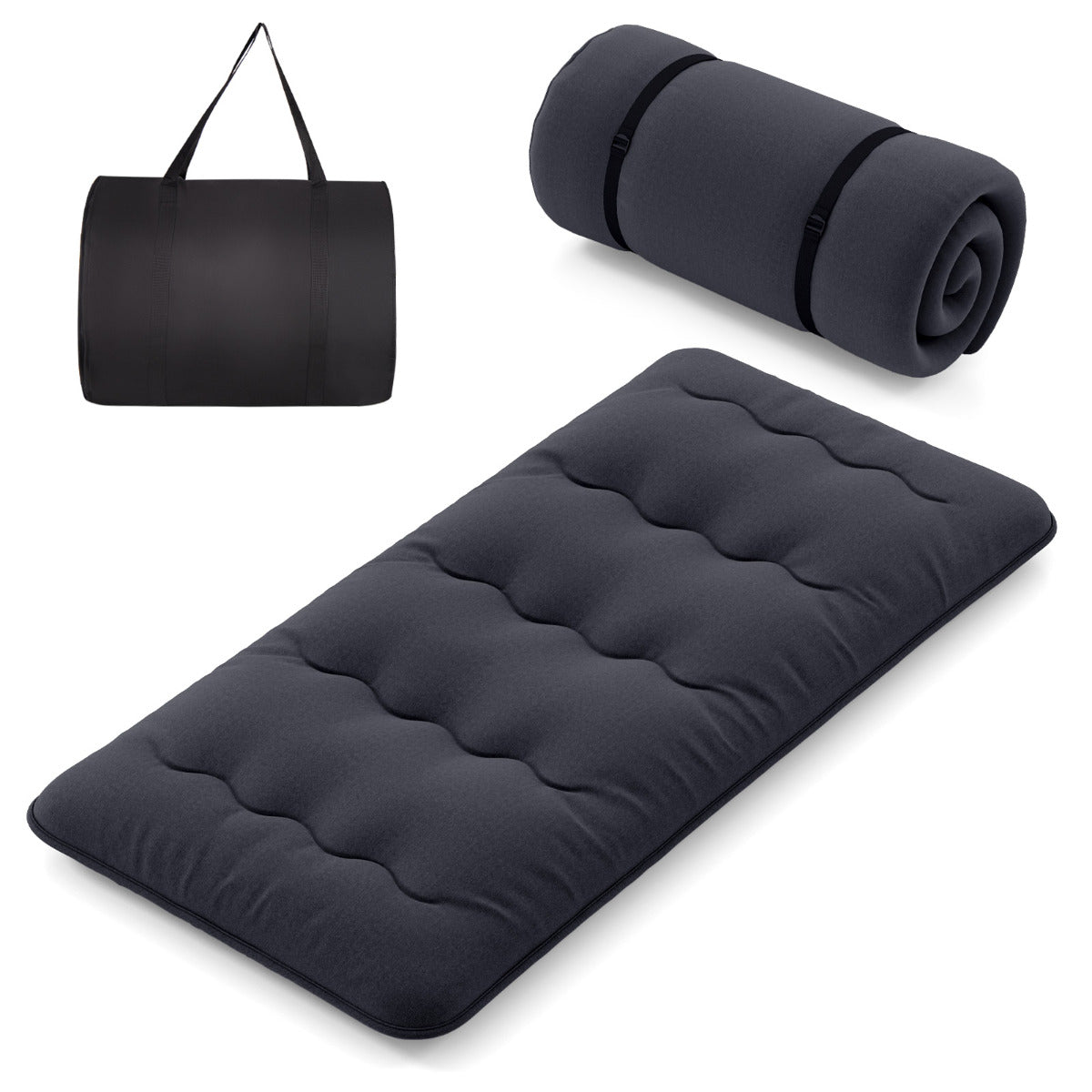 Colchão Enrolável para o Chão Tapete de Tatami com Capa Lavável Colchonete Portátil com Bolsa de Transporte - Preto - 200 x 90 x 10 cm
