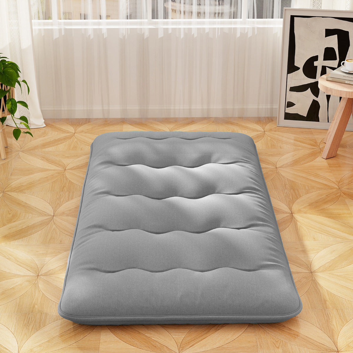 Colchão Enrolável para o Chão Tapete de Tatami com Capa Lavável Colchonete Portátil com Bolsa de Transporte - Cinzento - 200 x 90 x 10 cm