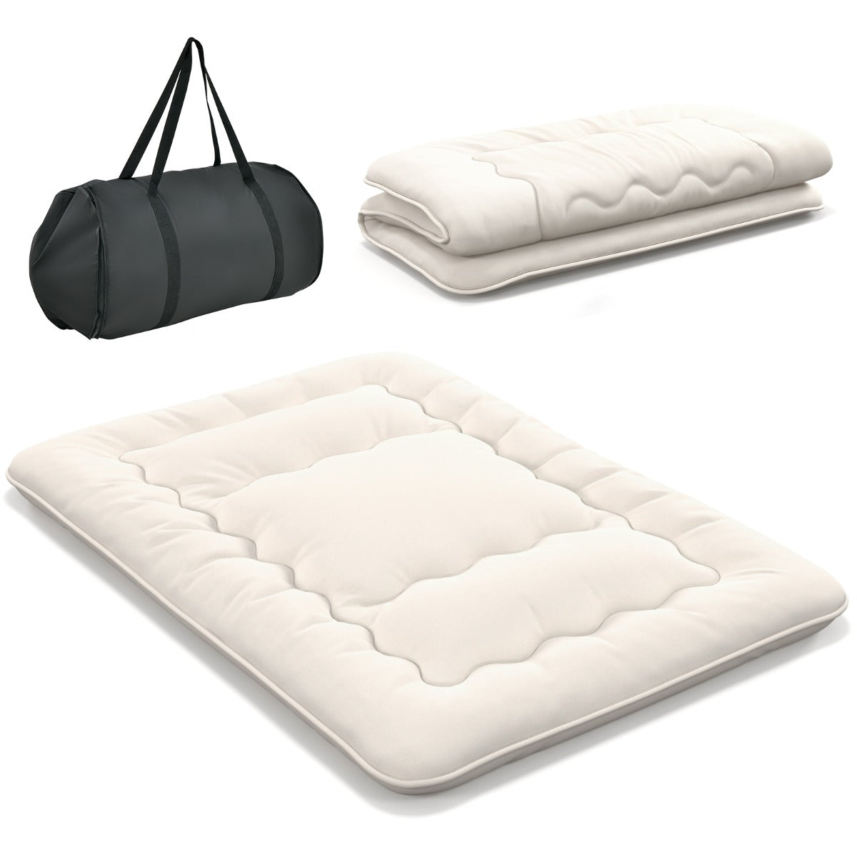 Colchão Enrolável de Chão Tatami com Capa Lavável Colchonete Portátil com Bolsa de Transporte - Bege - 200 x 140 x 10 cm