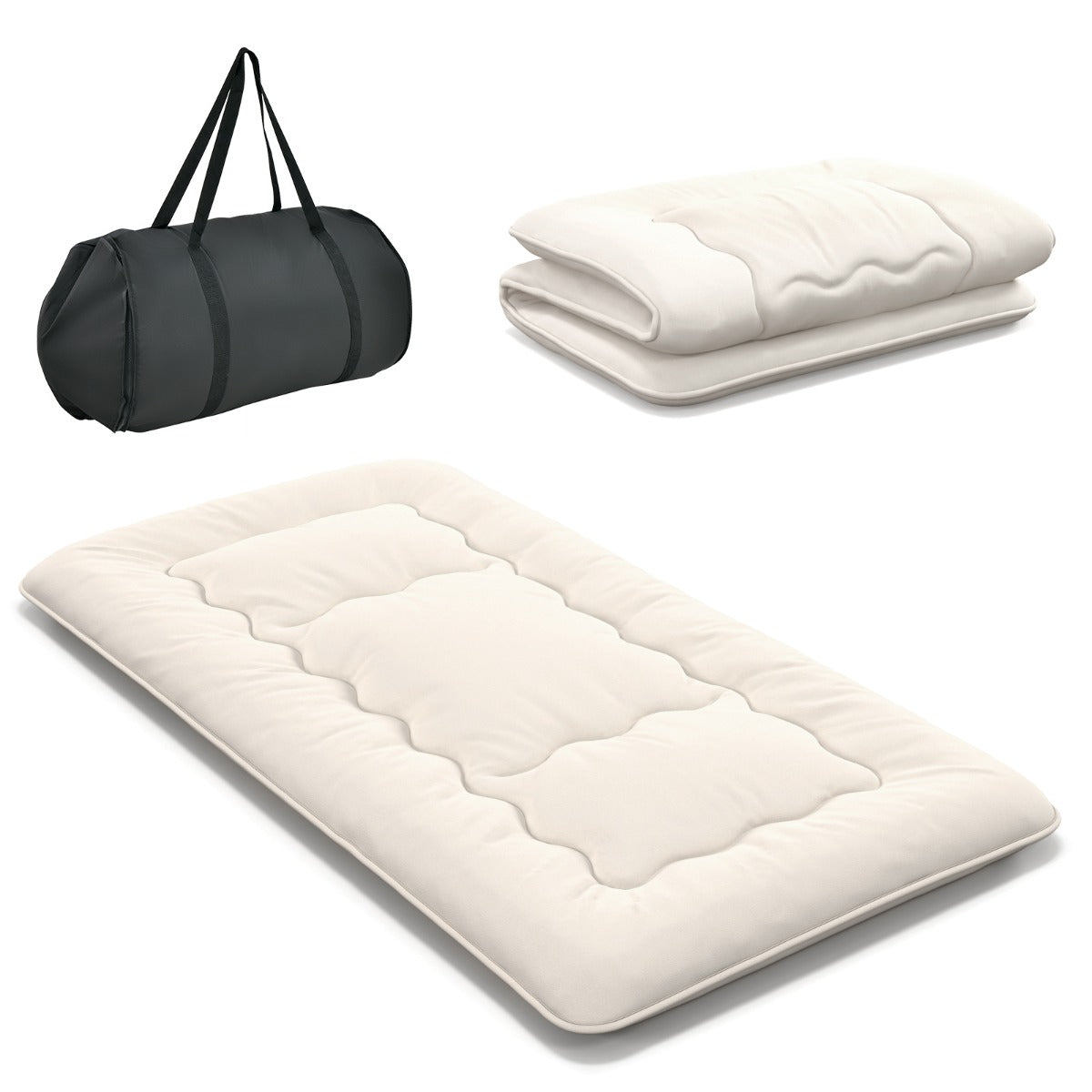 Colchão Enrolável de Chão Tatami com Capa Lavável e Bolsa de Transporte - Bege - 200 x 90 x 10 cm
