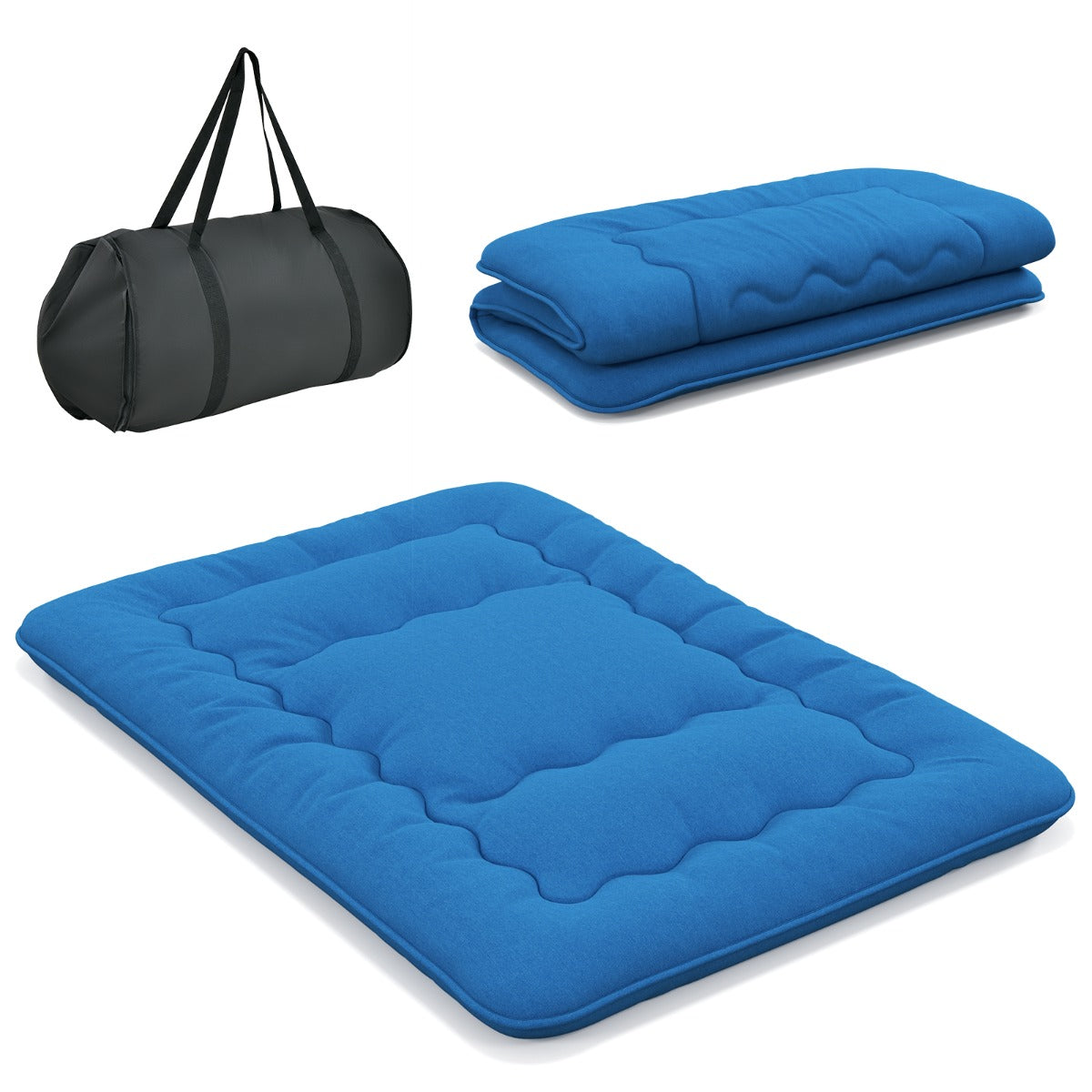 Colchão Enrolável para o Chão Tapete de Tatami com Capa Lavável Colchonete Portátil com Bolsa de Transporte - Azul - 200 x 140 x 10 cm