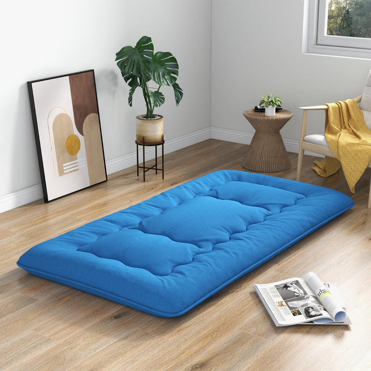 Colchão Enrolável de Chão Tapete de Tatami com Capa Lavável Colchonete Portátil com Bolsa de Transporte - Azul - 200 x 90 x 10 cm