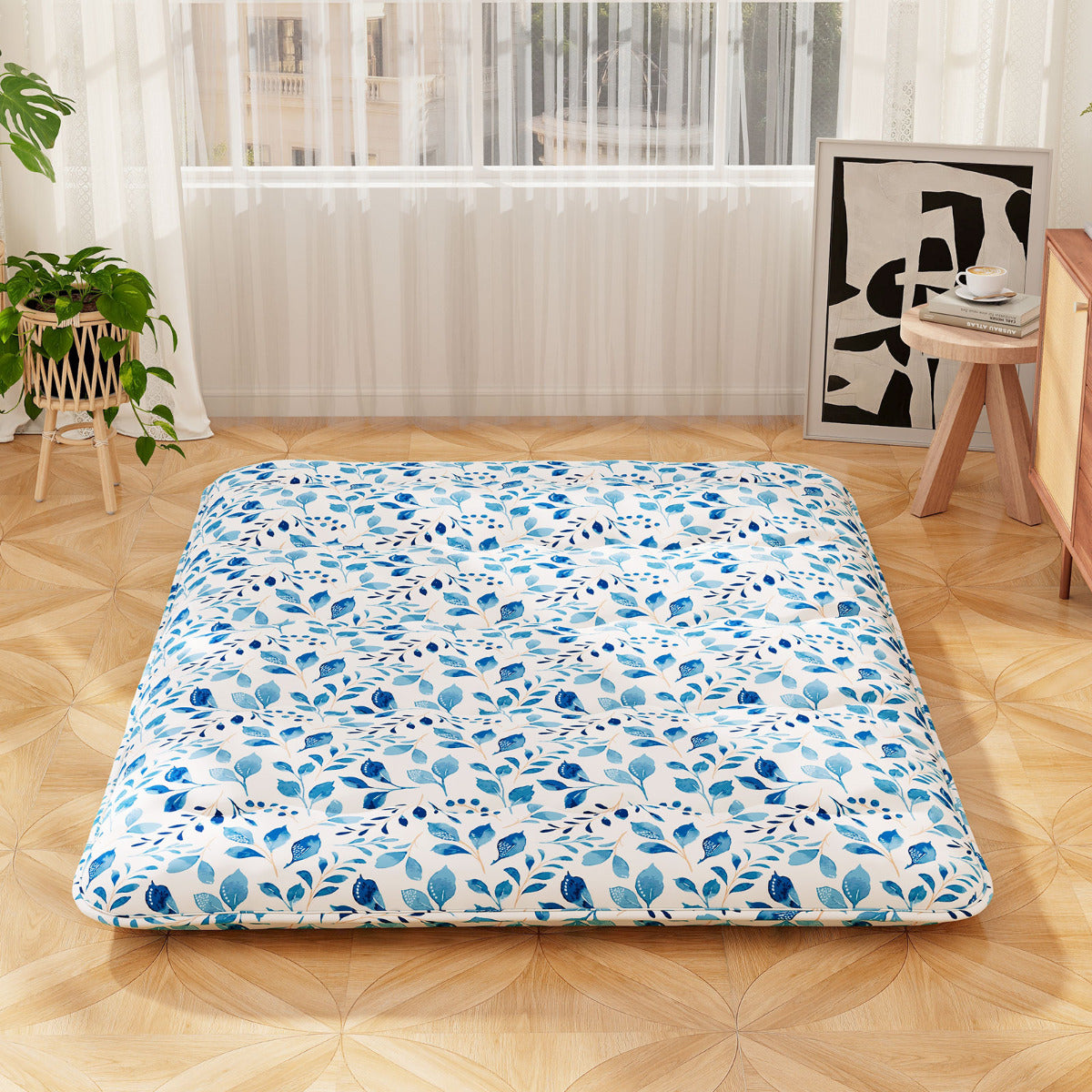 Colchão Enrolável para o Chão Tapete de Tatami com Capa Lavável Colchonete Portátil com Bolsa de Transporte - Azul Claro - 200 x 140 x 10 cm