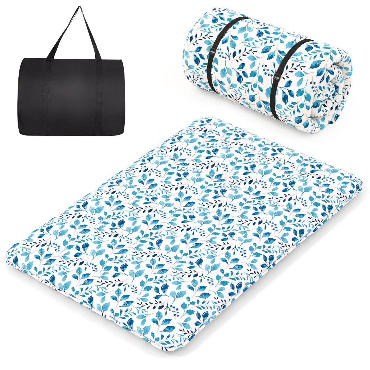 Colchão Enrolável para o Chão Tapete de Tatami com Capa Lavável Colchonete Portátil com Bolsa de Transporte - Azul Claro - 200 x 140 x 10 cm