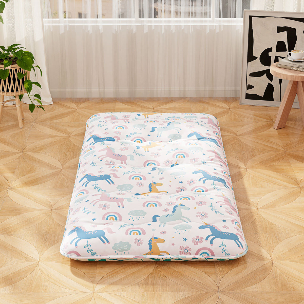 Colchão Enrolável de Chão Tapete de Tatami com Capa Lavável Colchonete Portátil com Bolsa de Transporte - Multicolorido - 200 x 90 x 10 cm