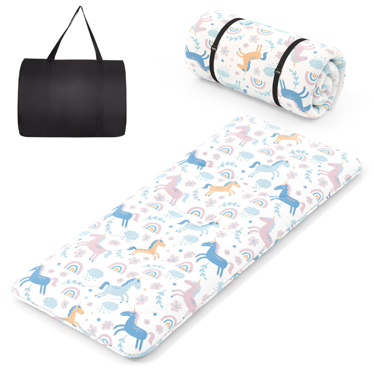 Colchão Enrolável de Chão Tapete de Tatami com Capa Lavável Colchonete Portátil com Bolsa de Transporte - Multicolorido - 200 x 90 x 10 cm