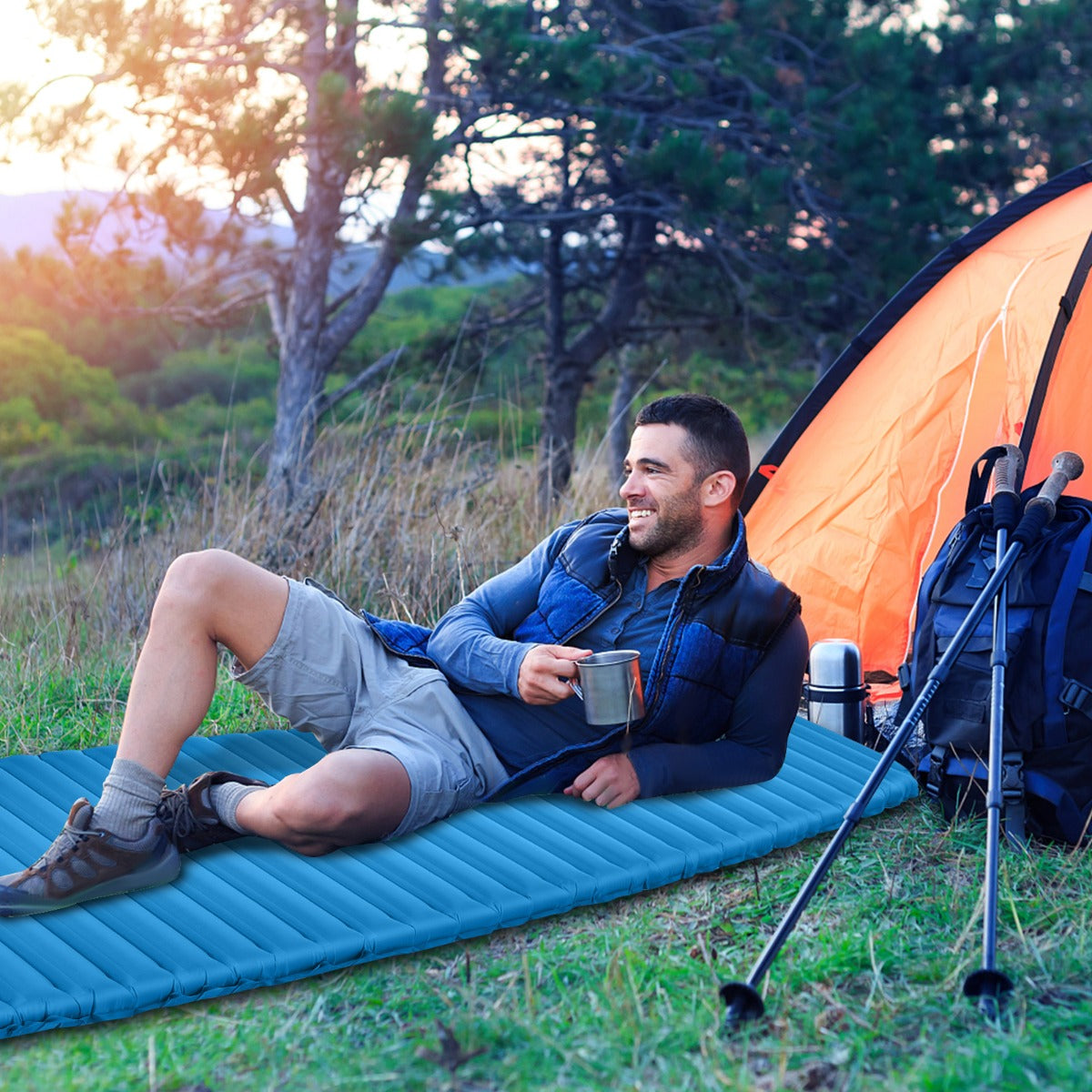 Colchão Insuflável de Campismo Impermeável e Confortável Colchonete Ultraleve para Caminhadas 197 x 63 x 7,5 cm Azul