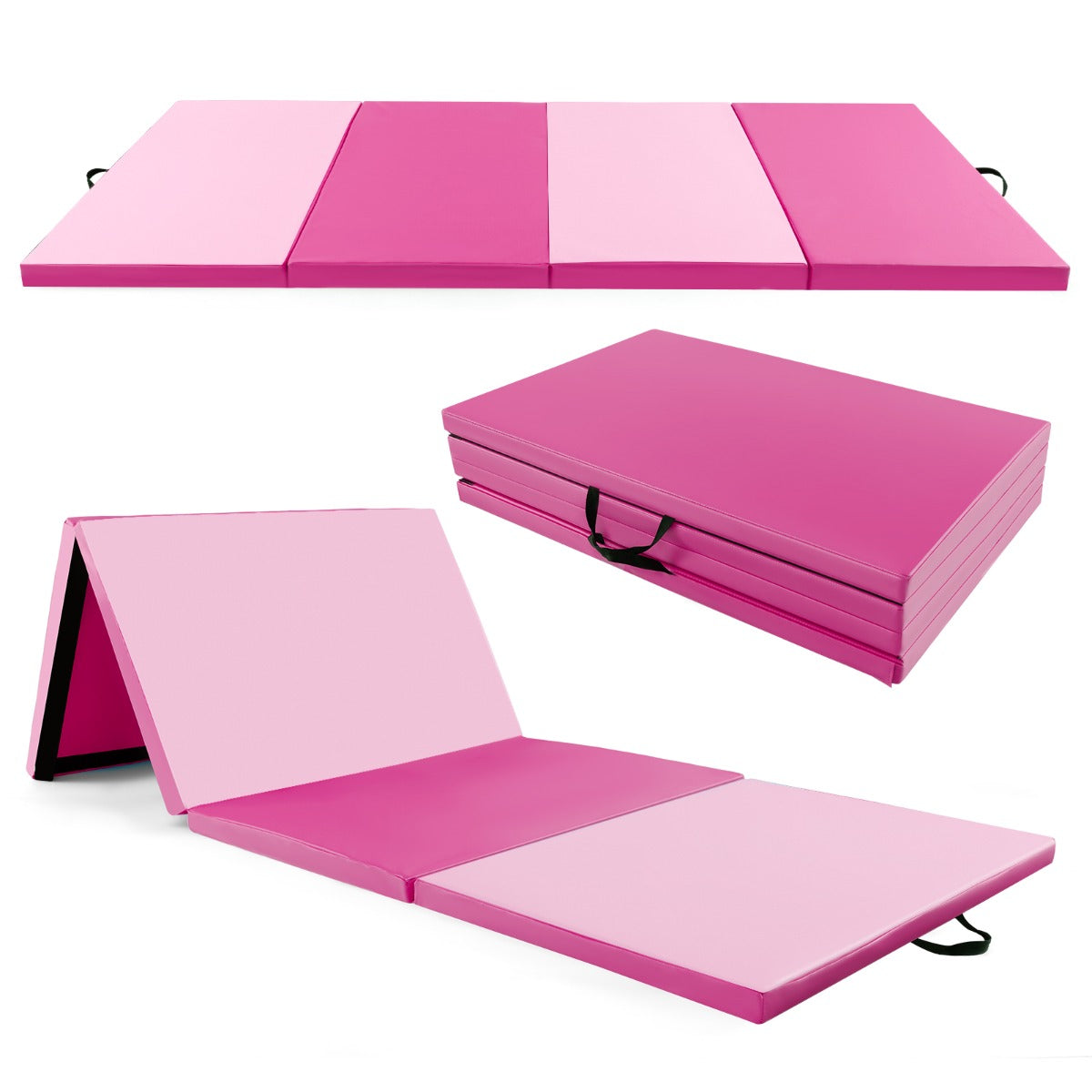 Colchoneta de Exercícios Dobrável de 4 Painéis – 300 x 117 x 5 cm – Rosa – Couro PU e Espuma EPE