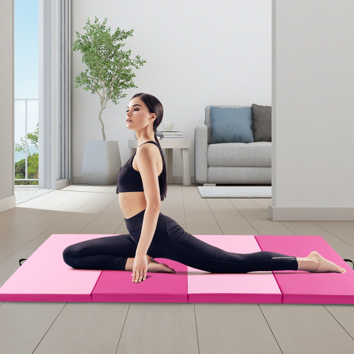 Colchoneta de Exercícios Dobrável de 4 Painéis – 300 x 117 x 5 cm – Rosa – Couro PU e Espuma EPE