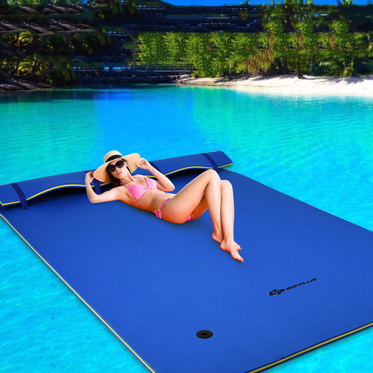 Colchoneta Flutuante de Espuma XPE Ecológica com Cabeça Enrolável para 3-5 Pessoas 270 x 180 x 3,5 cm Azul