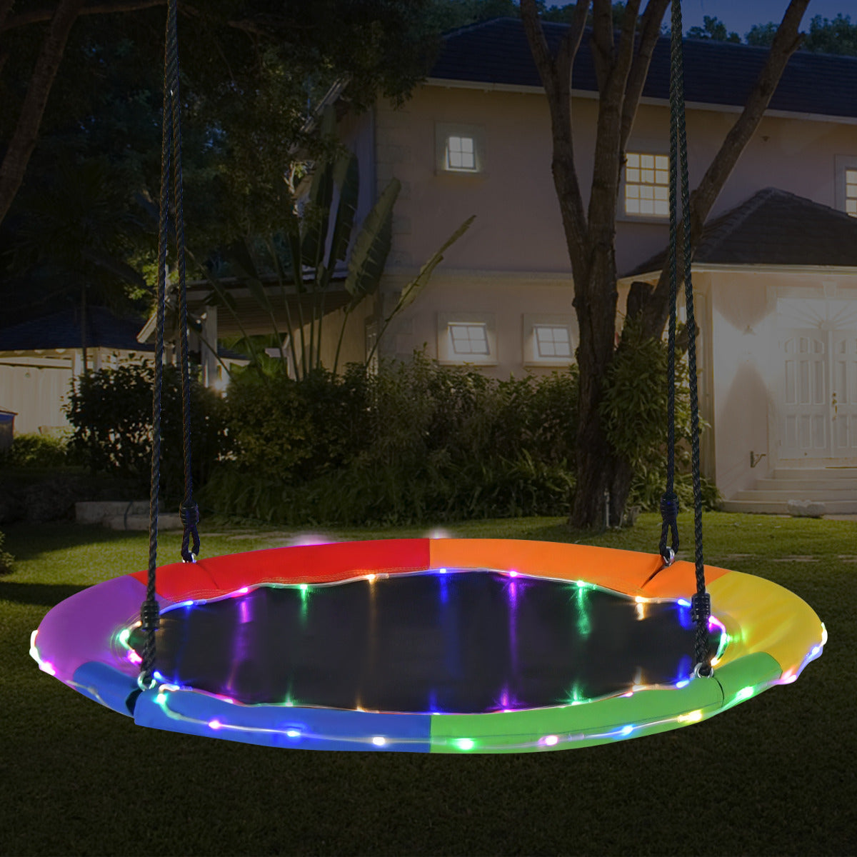 Baloiço Redondo de Disco de 100cm com Luzes LED Multicores para Crianças e Adultos Capacidade 300kg Baloiço Ninho para Exterior Multicolorido