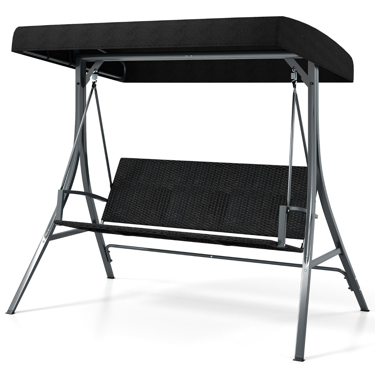 Columpio de Jardim para 3 Pessoas com Toldo e Respaldo de Assento em Ratan Sombra Ajustável para Pátio Jardim 118 x 192 x 165 cm Preto