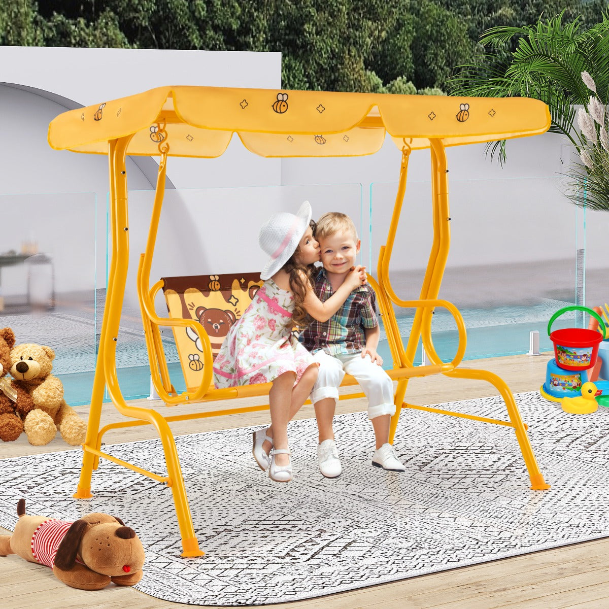 Columpio de Jardim para Crianças com 2 Lugares Banco Suspenso com Toldo Ajustável Suporte Metálico Padrões de Urso