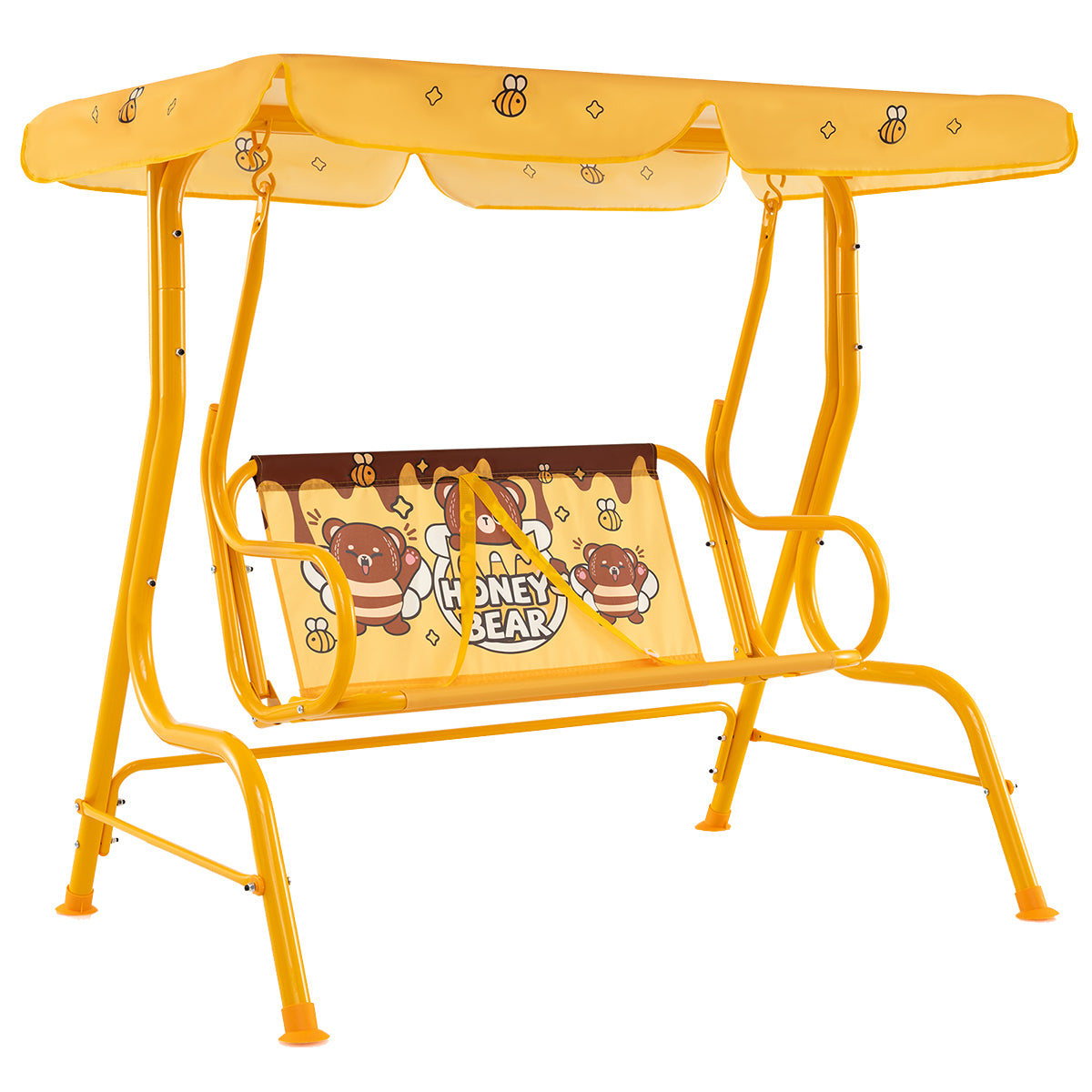 Columpio de Jardim para Crianças com 2 Lugares Banco Suspenso com Toldo Ajustável Suporte Metálico Padrões de Urso