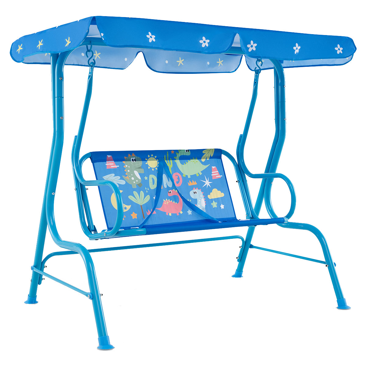 Columpio de Pátio para Crianças com 2 Lugares Banco Pendurado com Toldo Ajustável Suporte Metálico Padrões de Dinossauro