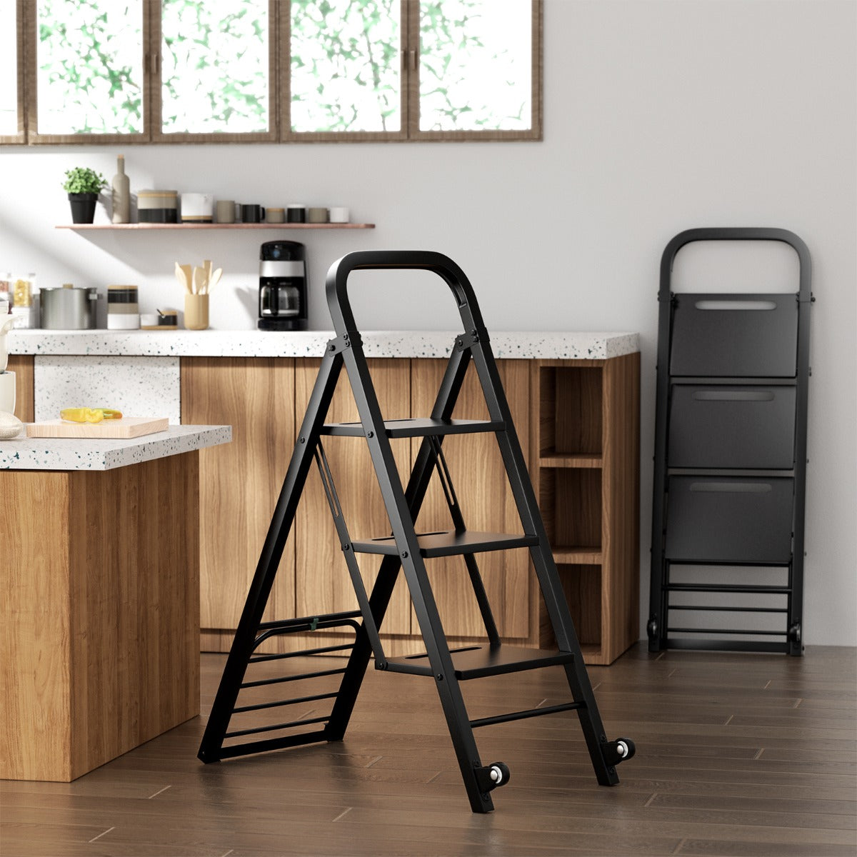 Carretilla de Mano y Escalera Plegable 2 en 1 Resistente - Carga 250 kg - Negro