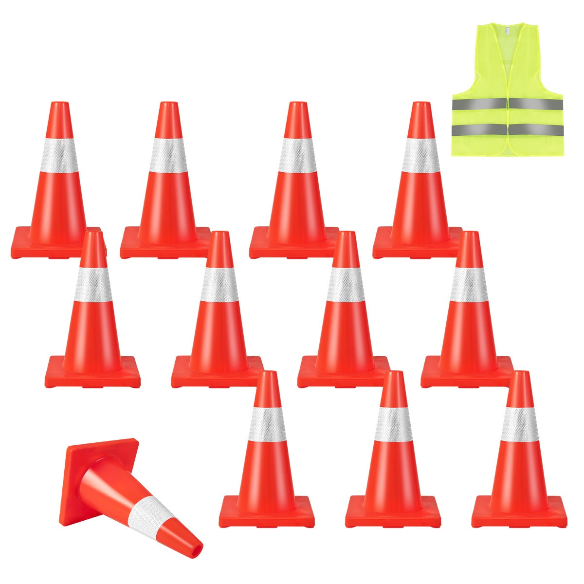 Conjunto de 12 Cones de PVC de Trânsito com Colar Refletor de Base Pesada e Colete de Segurança para Construção 28 x 28 x 43 cm Laranja