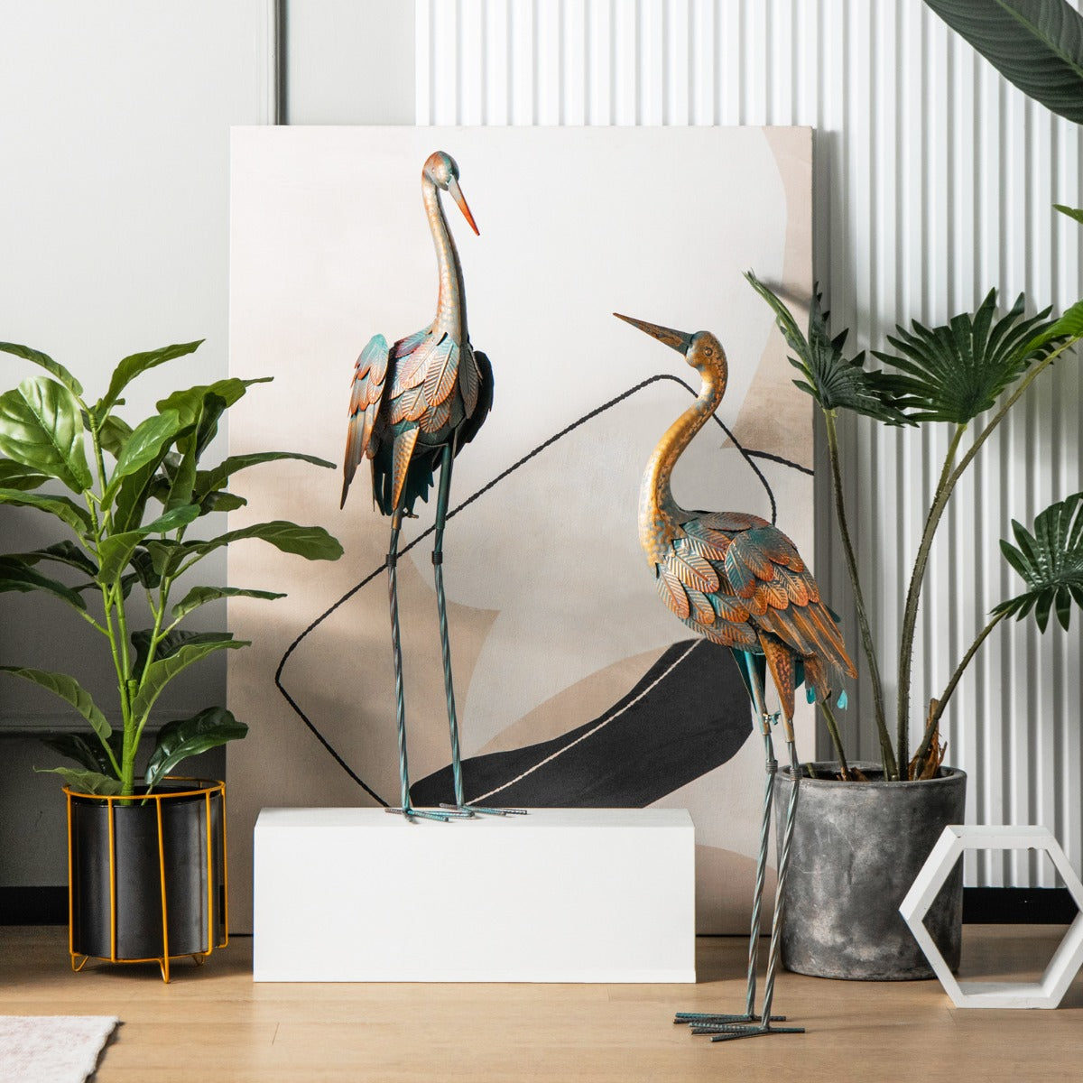Conjunto de 2 Estátuas de Jardim de Grous Metálicos para Decoração ao Ar Livre