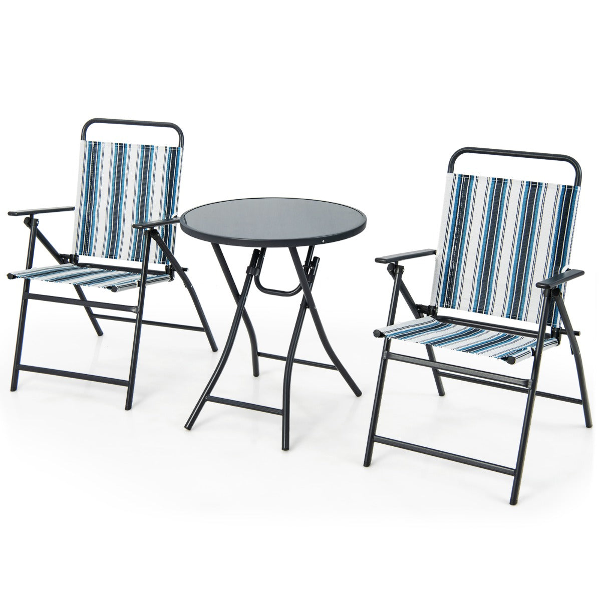 Conjunto de Mesa e 2 Cadeiras Dobráveis – 58 cm diâmetro x 66 cm altura – Estrutura metálica