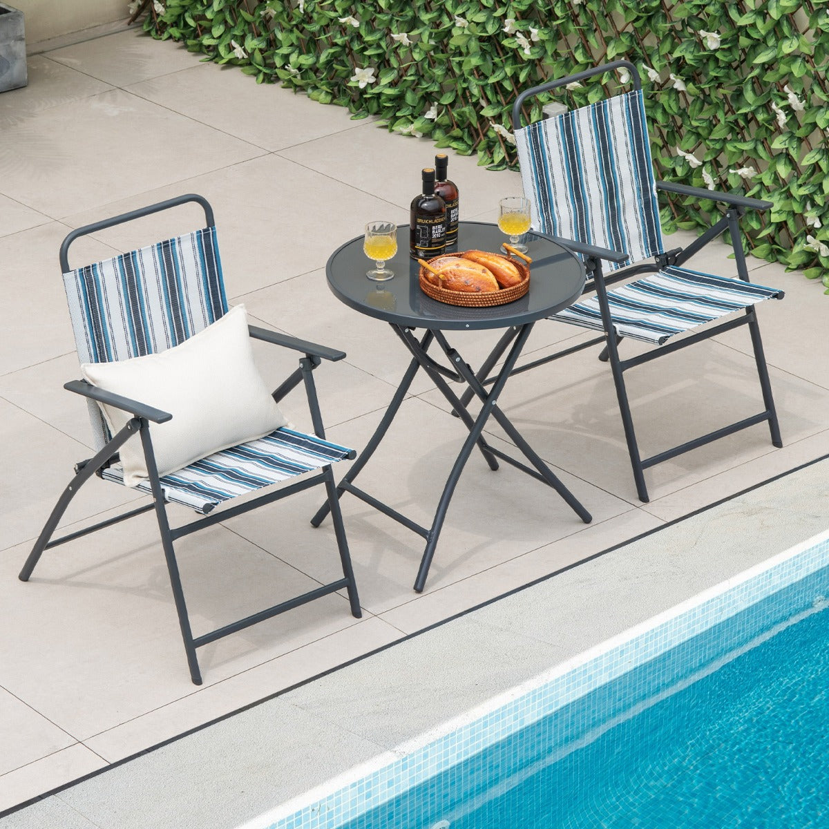 Conjunto de Mesa e 2 Cadeiras Dobráveis – 58 cm diâmetro x 66 cm altura – Estrutura metálica