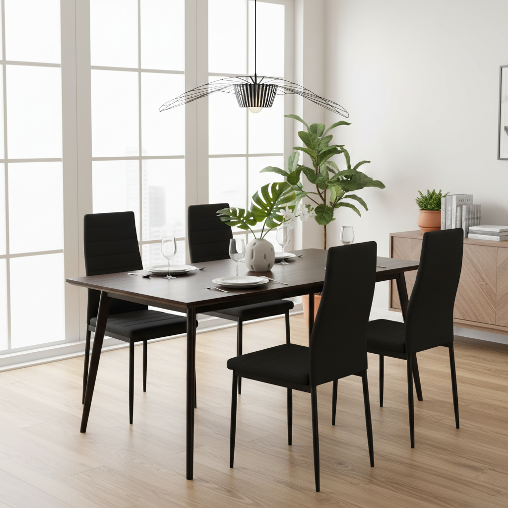 Conjunto de 4 cadeiras pretas em linho em sala de jantar