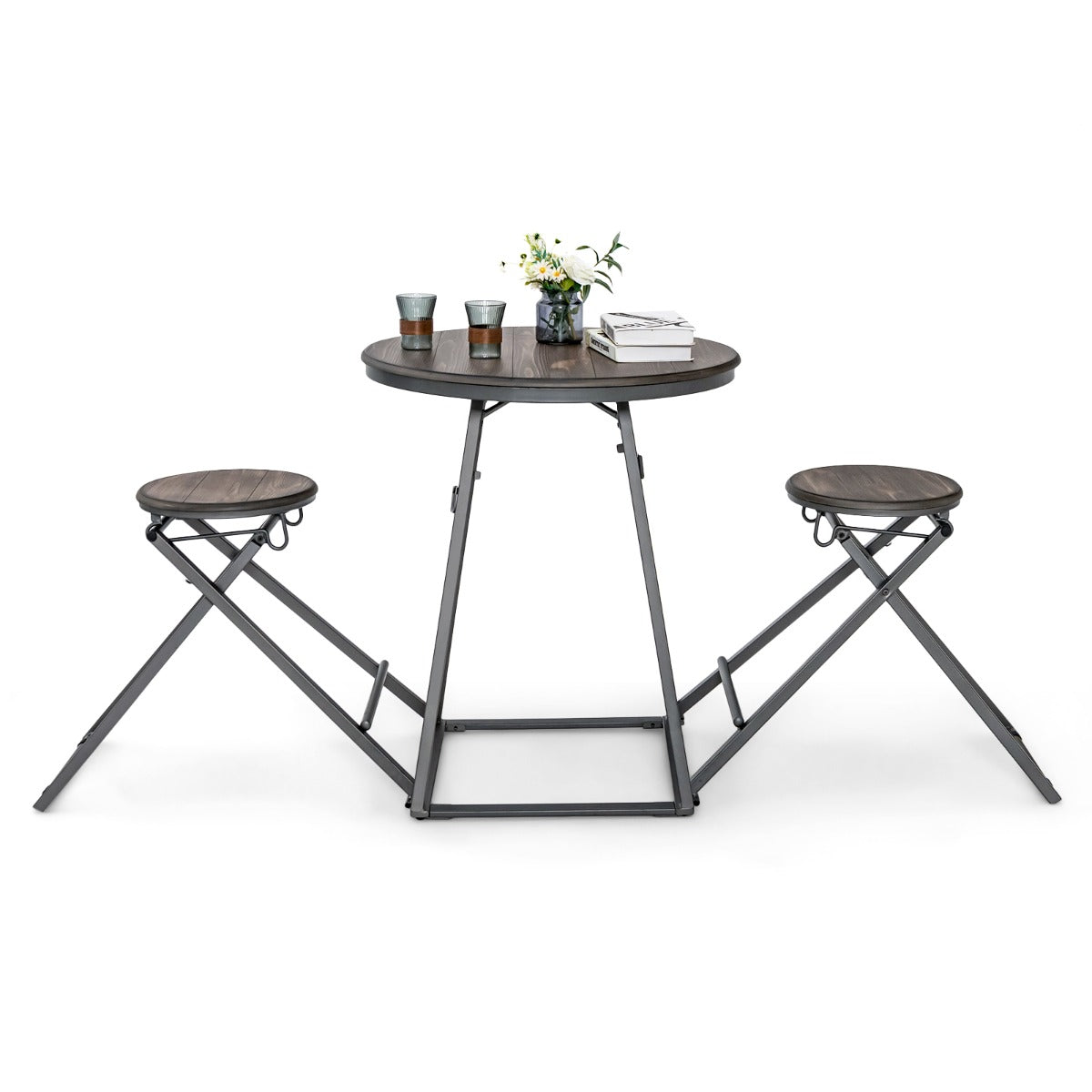 Conjunto de Mesa Redonda Plegável e Taburetes de Bar para Espaços Pequenos em Cinzento