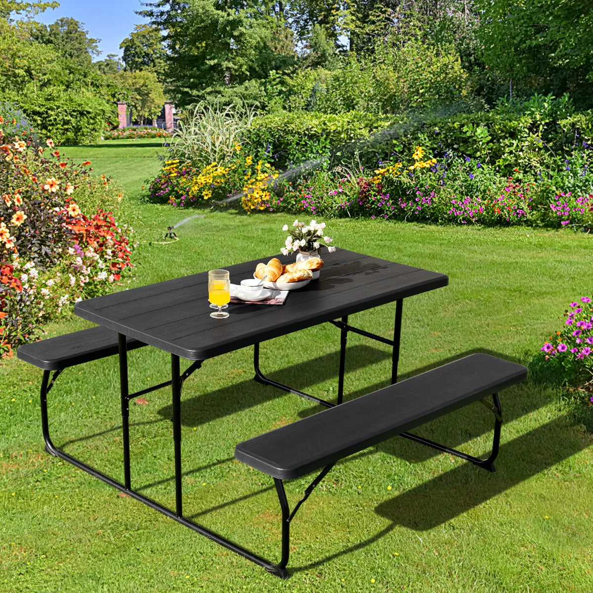 Conjunto Mesa e 2 Bancos de Piquenique Dobrável – 136cm x 69,5cm – Preto – HDPE