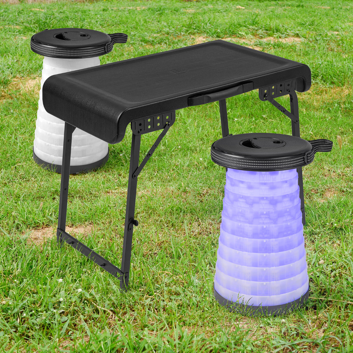 Conjunto de Mesa e 2 Taburetes Plegáveis Telescópicos Portáteis com LED para Camping e Picnic - Preto