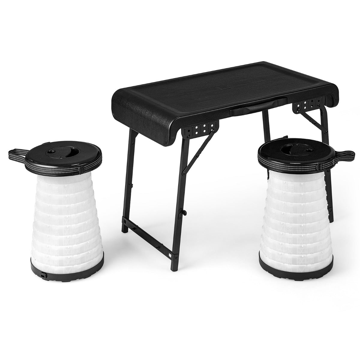 Conjunto de Mesa e 2 Taburetes Plegáveis Telescópicos Portáteis com LED para Camping e Picnic - Preto