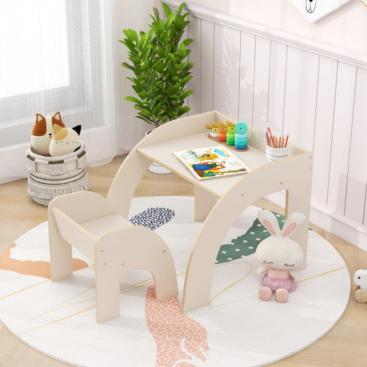 Conjunto Mesa e Cadeira para Crianças – 60 x 59,5 x 50 cm, 37 x 34,5 x 35 cm – Branco – Contraplacado