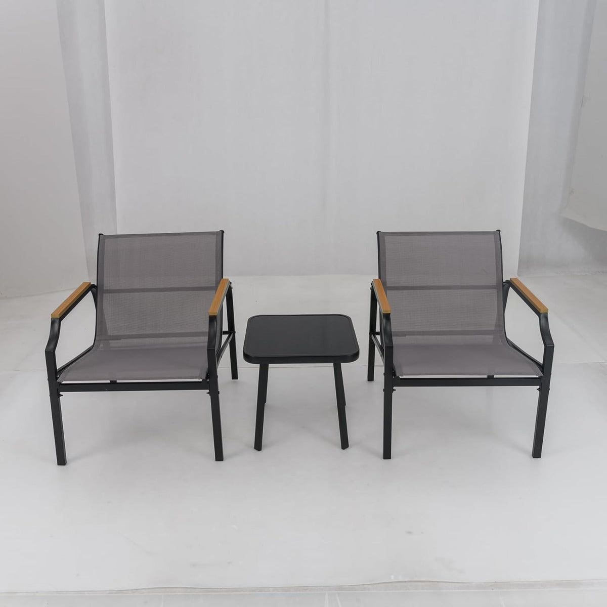 Conjunto de Cadeiras de Exterior de 3 Peças - Estrutura em Metal, Assento em Tecido e Braços em Madeira-Plástico Cinza