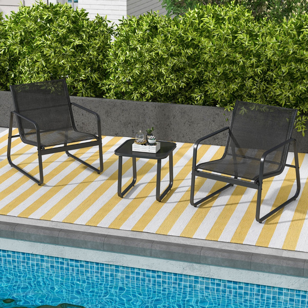 Conjunto de Cadeiras e Mesa de Metal para Exterior – Vidro Preto