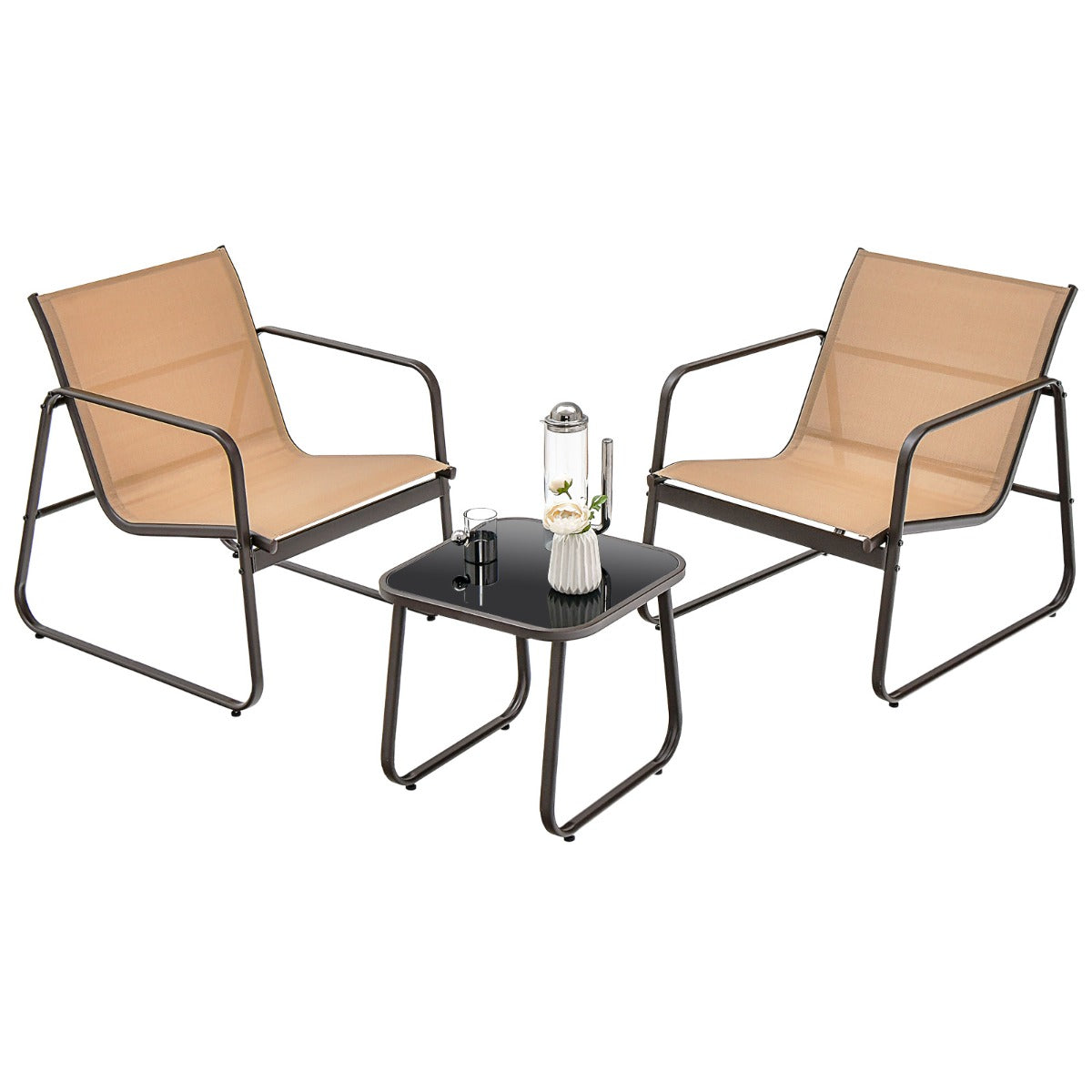 Conjunto de Cadeiras e Mesa de Metal para Exterior com Tecido Respirável e Tampo de Vidro Castanho