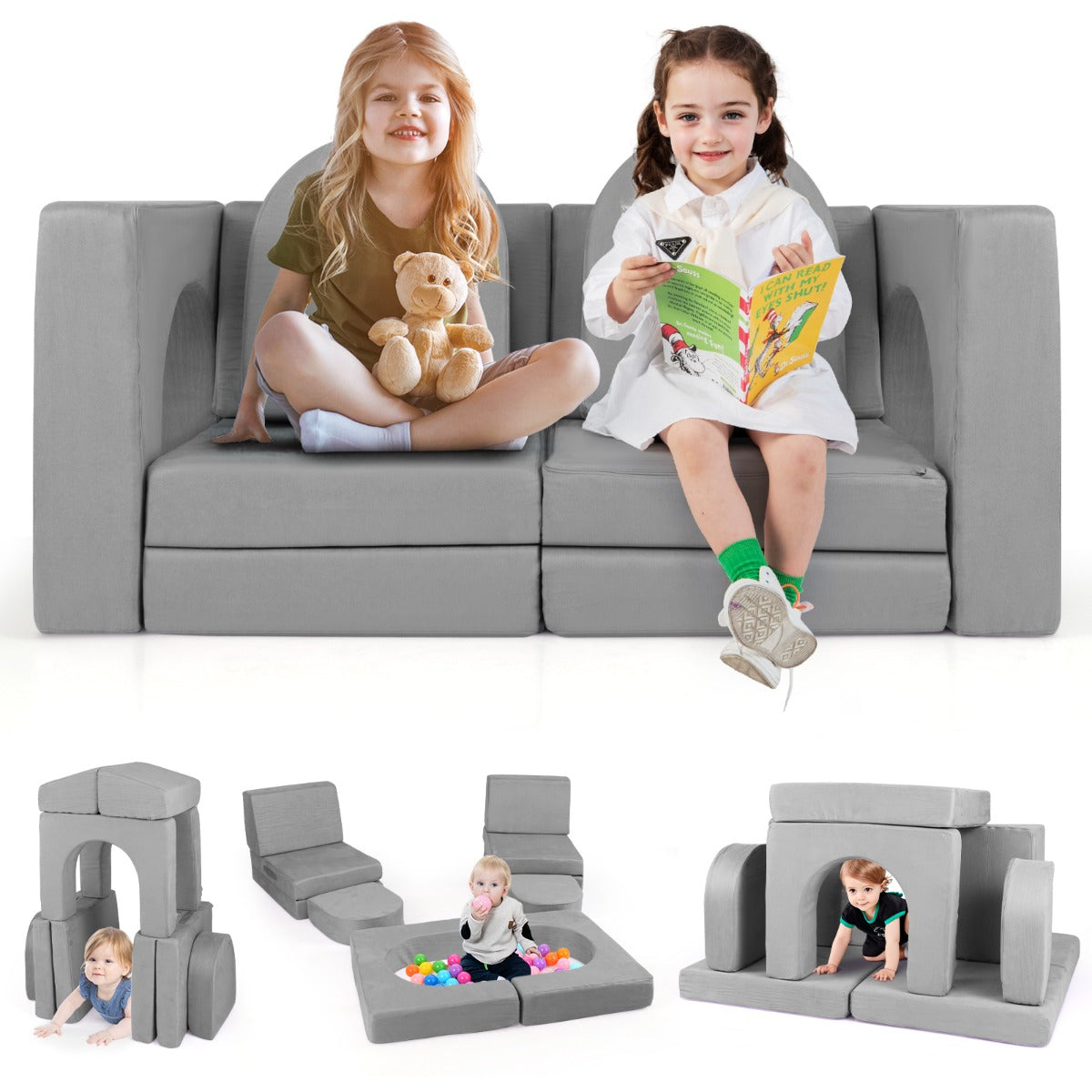 Sofá Modular Infantil – 8 Peças – Cinza – Tecido Suede