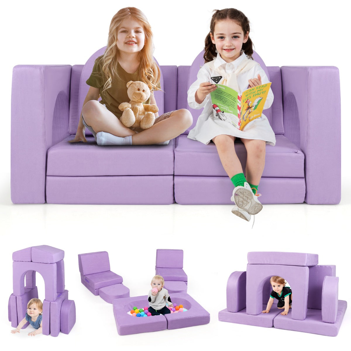 Sofá Infantil Modular de Espuma – 8 Peças – Roxo – Tecido Suede