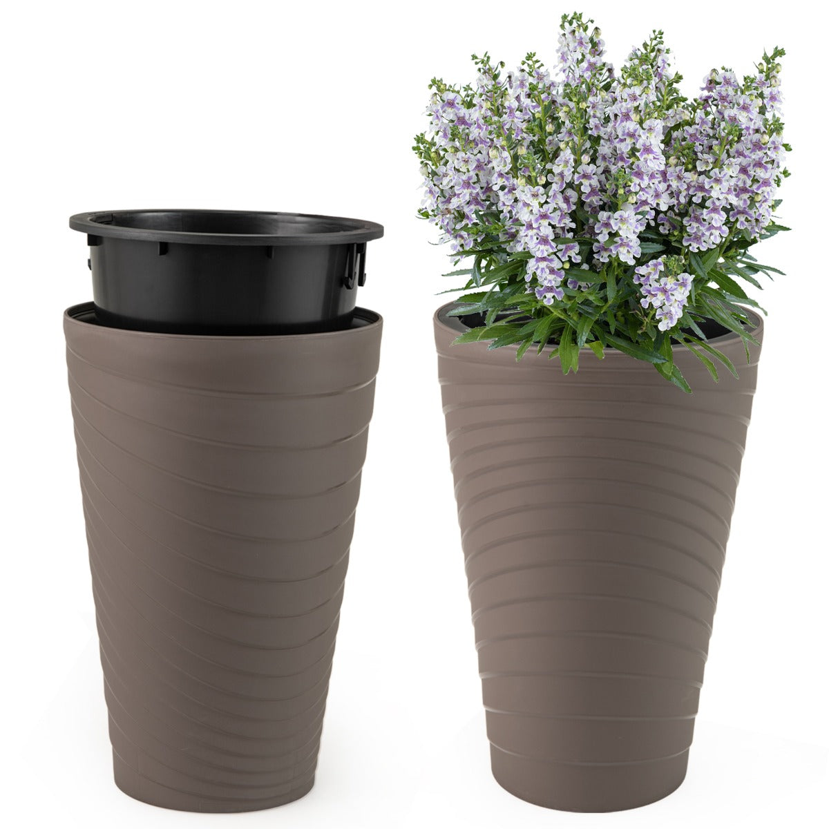 Conjunto de 2 Vasos Decorativos de 45 cm com Textura em Espiral e Pegas - Para Jardim e Varanda