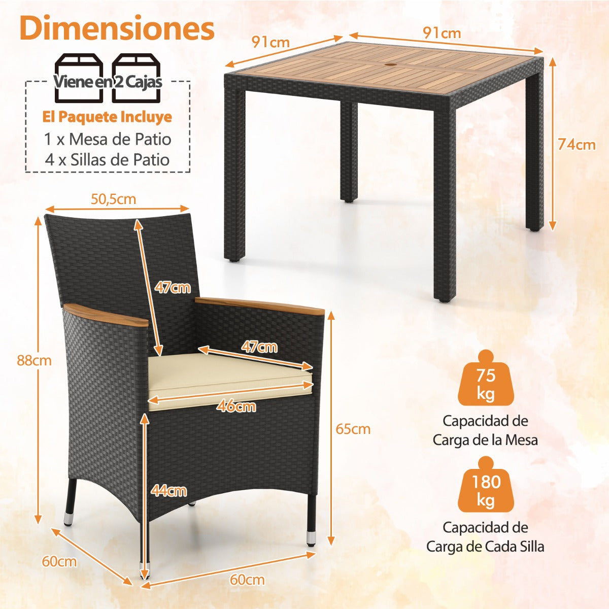 Conjunto de Jantar de Jardim de 4 Cadeiras e 1 Mesa -  em Ratan para 4 Pessoas com Buraco para Guarda-Sol Almofadas e Superfície de Acácia
