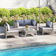 Conjunto de Móveis de Jardim de 5 Peças em Rattan com Mesa de Centro de Vidro Temperado Almofadas de Assento e Encosto Cinza