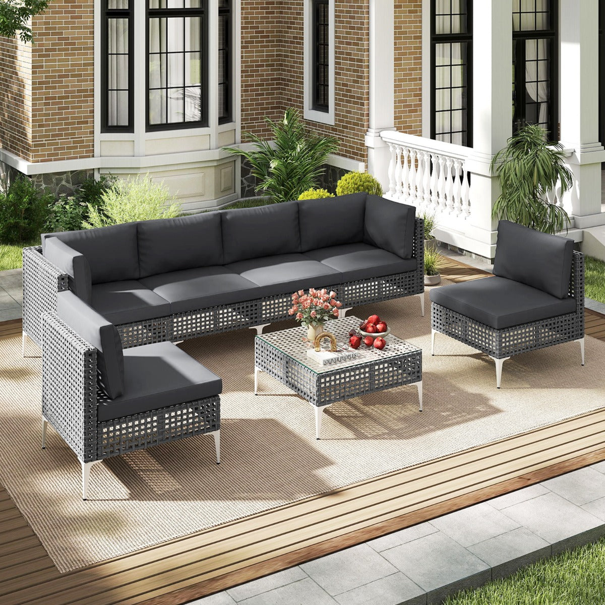 Conjunto de Móveis de Jardim de 7 Peças em Rattan com Mesa de Centro e Almofadas Removíveis Cinza