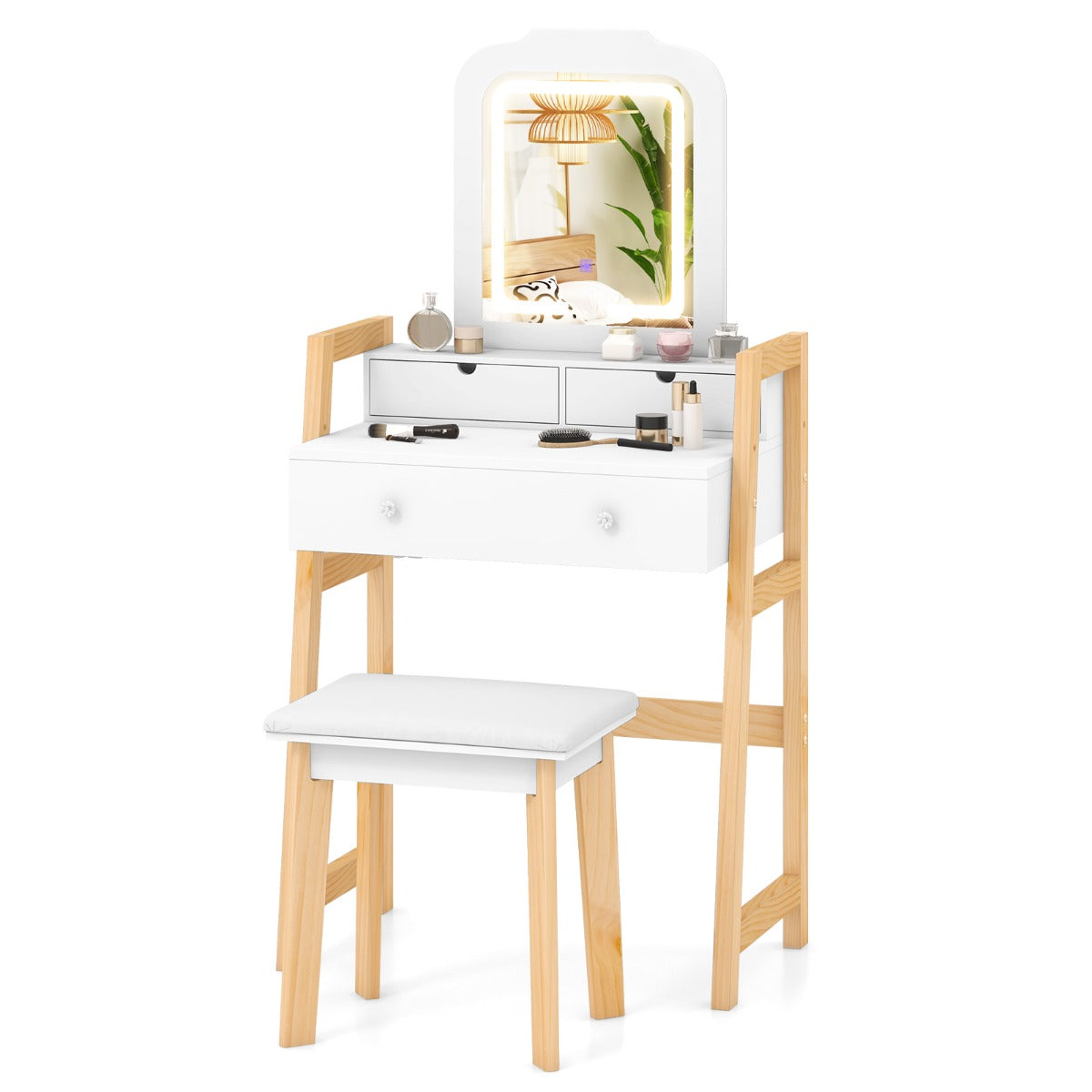 Conjunto de Tocador e Banqueta com Espelho Iluminado e 3 Gavetas de Arrumação 64 x 40 x 130-137,5 cm Branco