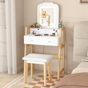 Conjunto de Tocador e Banqueta com Espelho Iluminado e 3 Gavetas de Arrumação 64 x 40 x 130-137,5 cm Branco