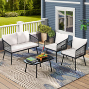 Conjunto de Jardim para 4 Pessoas com Móveis de Exterior com Sofá de 2 Lugares, 2 Cadeiras e Mesa de Centro em Vidro Temperado Branco