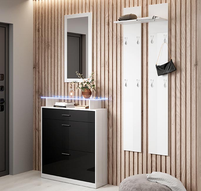 Conjunto de hall com espelho e cabide Palton branco e preto