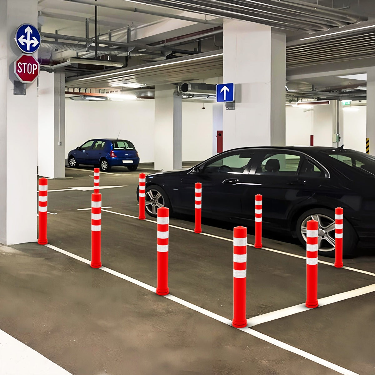 Conjunto de 10 Postes de Segurança de Tráfego Limitadores de Tráfego Cones de Barreira de TPR de 65,5 cm com Acessórios de Instalação Vermelho