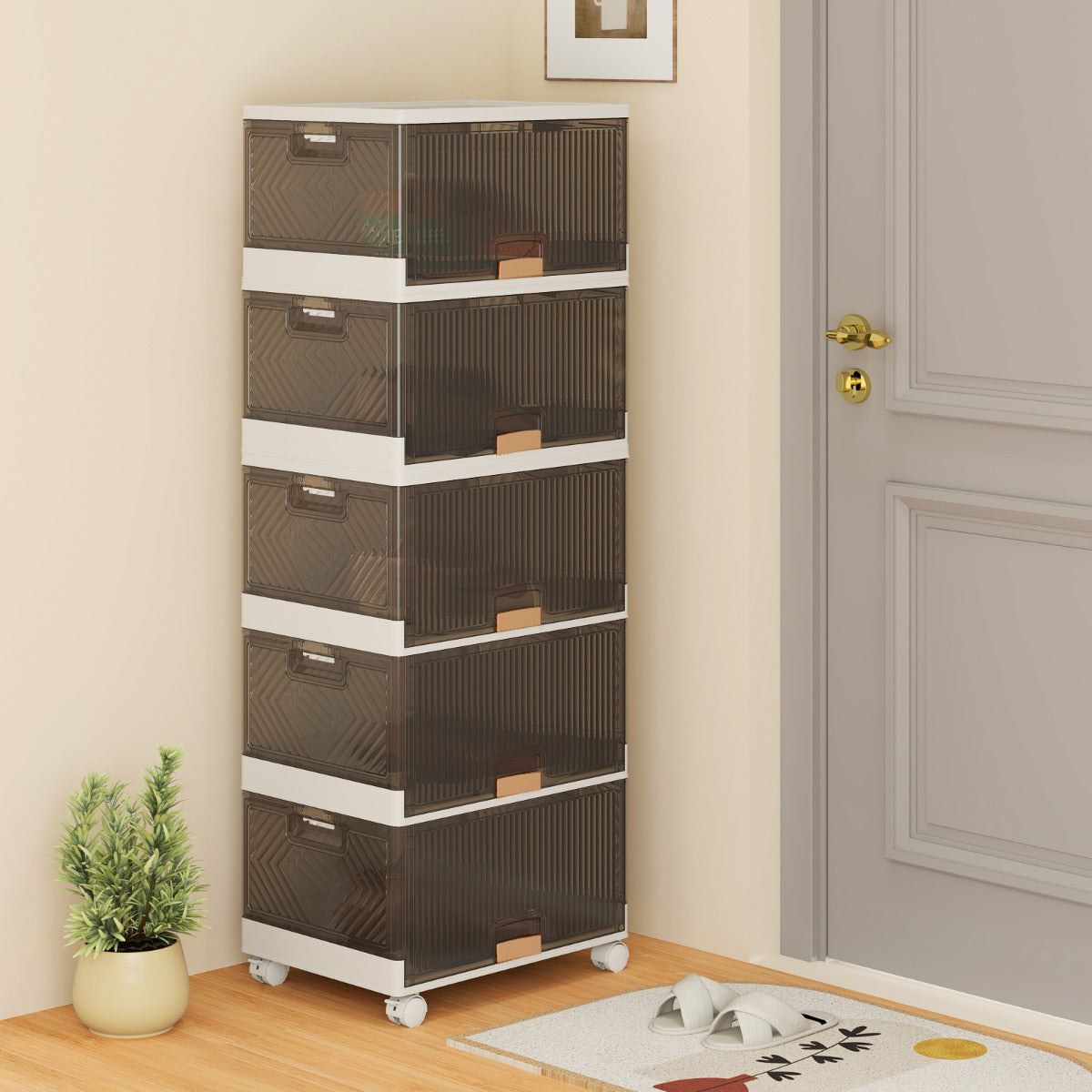 Organizador de Armazenamento Empilhável de 5 Cubos com Rodas e Portas Dobráveis para Sapatos - Branco e Castanho