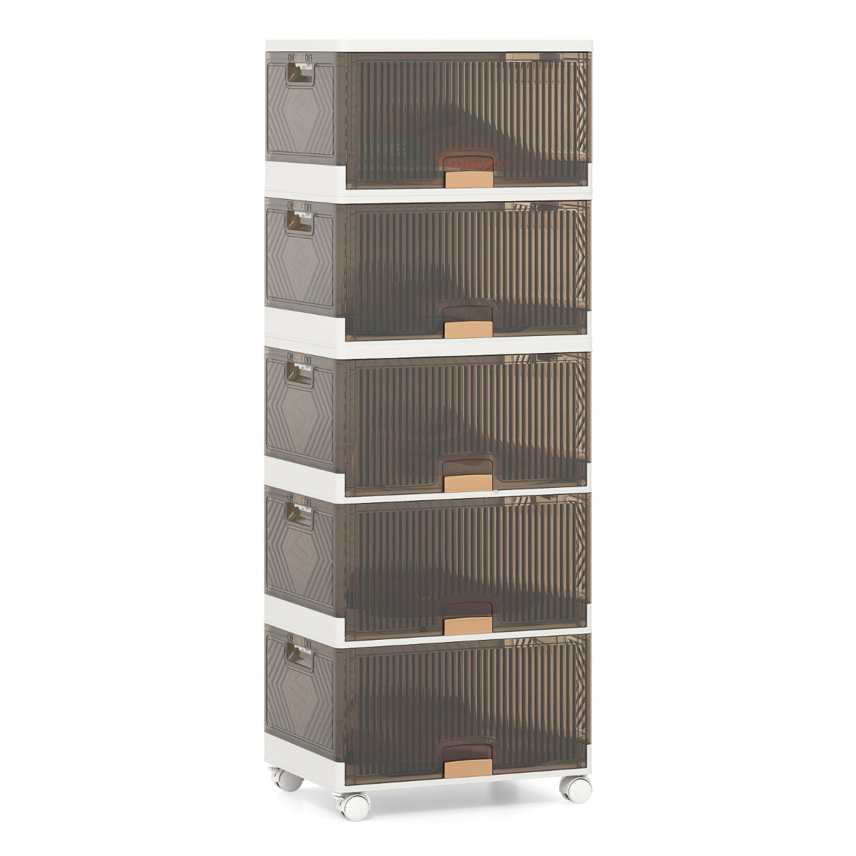 Organizador de Armazenamento Empilhável de 5 Cubos com Rodas e Portas Dobráveis para Sapatos - Branco e Castanho
