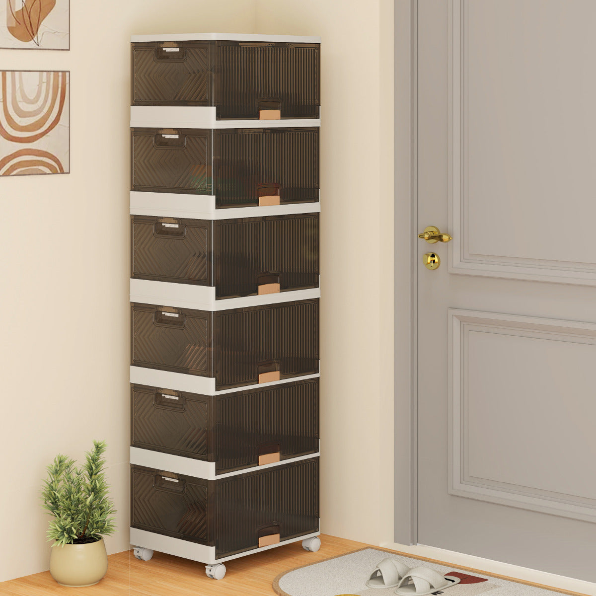 Organizador de 6 Cubos de Armazenamento Empilhável Caixa de Sapatos Dobrável com Rodas Organizador Multifuncional com Portas Basculantes